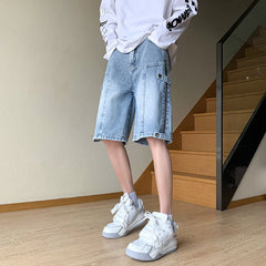 Hehope Summer High Street Vibe Jeans Fashion Retro Street Stitching Zipper Denim Shorts Street Hip-hop Men Straight Wear White Pants