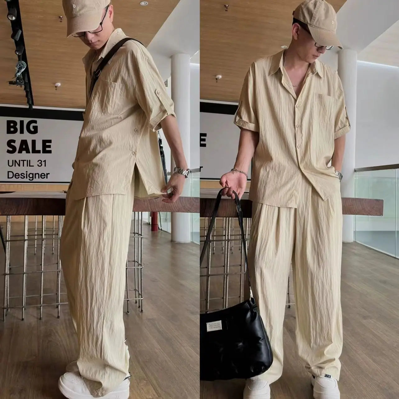 Hehope Summer Light Thin Casual Suits Trendy Men's Korean Edition Design Handsome Solid Loose Short Sleeves Shirt + Pants Two Piece Set