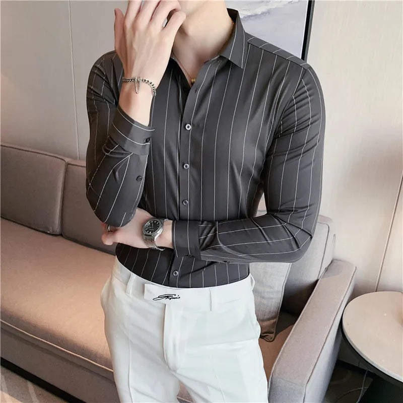 Hehope Stripe Shirts for Men Autumn New British Style Anti Wrinkle Soft Solid Casual Long Sleeved Camisas De Hombre Men Clothing