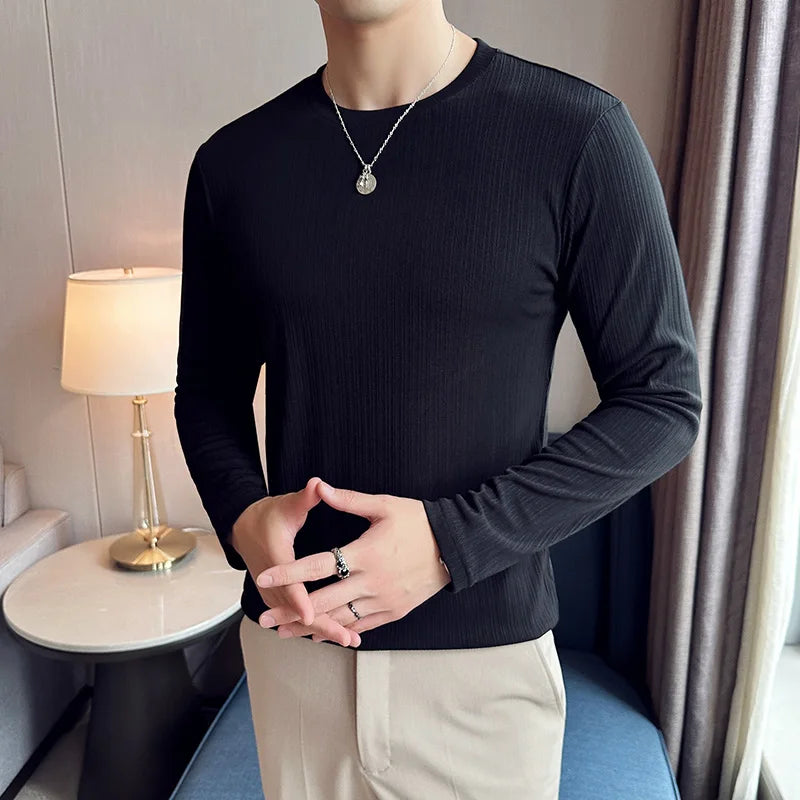 Hehope High Elastic Stripe Men T-shirt Autumn New Long Sleeve Round Neck T-shirt Solid Color Casual Slim Fit White Black T-shirt