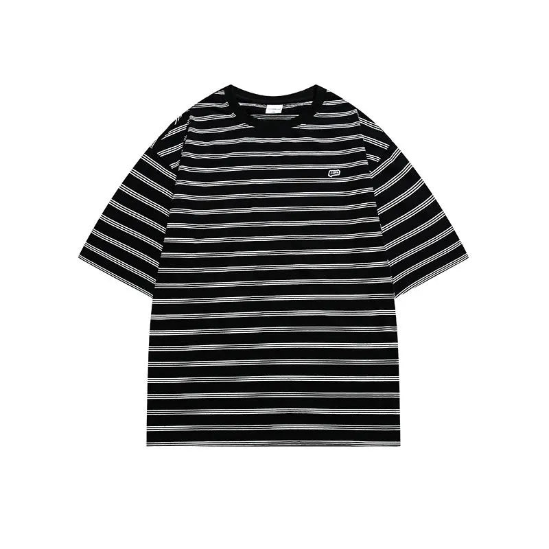 Hehope Summer Striped Short Sleeved New Japanese Casual Cotton Loose Striped Printed Round Neck Regular Pullover T-Shirt