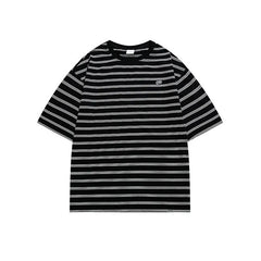 Hehope Summer Striped Short Sleeved New Japanese Casual Cotton Loose Striped Printed Round Neck Regular Pullover T-Shirt