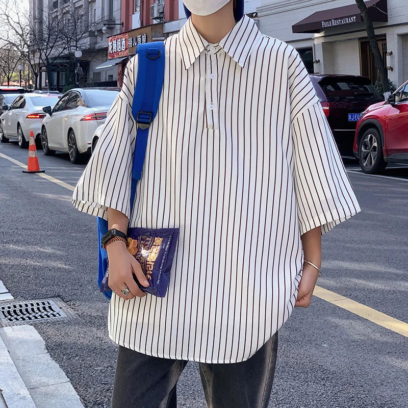 Hehope Korean Fashion Striped Short-sleeve Shirt Men New Summer Streetwear Loose Ice Silk Dresss Shirts Mens Casual Plus Size Tops