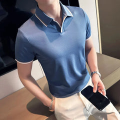 Hehope Summer New Style Men's Casual Slim Fit Short Sleeve Solid Color POLO Shirt British Slim Lapel Color Blue T-shirt Polo S-4XL