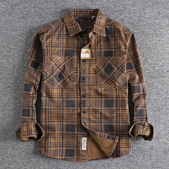 Hehope Autumn American Retro Long Sleeve Plaid Casual  Shirt Men's Fashion 100% Cotton Washed Slim Blouses Thin Coat