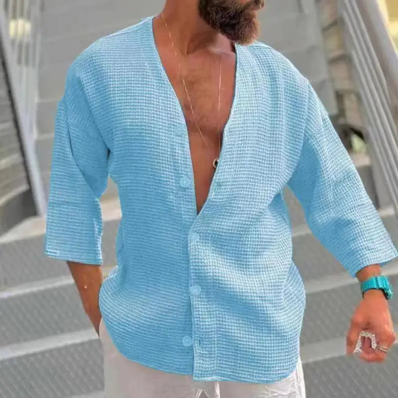 Hehope Summer Fashion Solid Shirts For Men Top Casual Loose Simple Retro Cardigan Quarter Sleeves Pullover Waffle Shirts Male Clothing