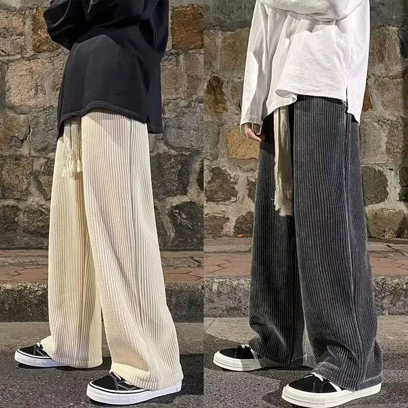 Hehope Autumn Winter Elastic Waist Corduroy Wide Leg Pants Men Solid Color Loose Casual All-match Sweatpants Homme Add Velvet Trousers