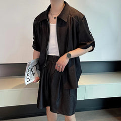 Hehope Summer Fashion Denim Short Sleeved Shirt Set Men's Loose Shorts Two-piece Set Oversized Social Streetwear Harajuku Set