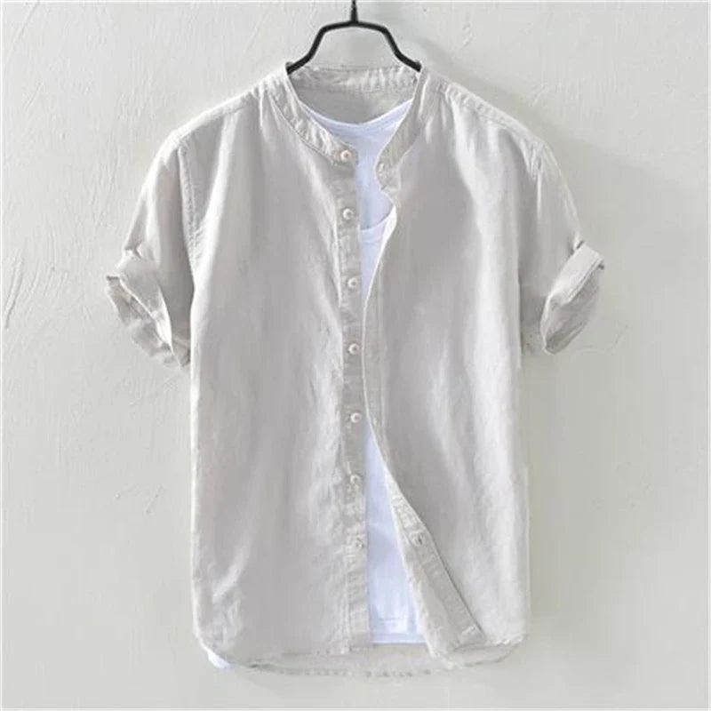 Hehope Men Retro Simple Casual Stand Collar Cotton Linen Button Shirts Summer Japanese Style Solid Short Sleeve Tops Camisas De Hombre