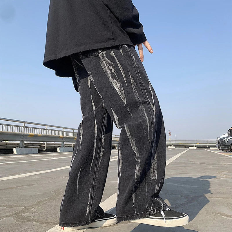 Hehope High Street Fashion Retro Tie Dye Jeans Men Streetwear Black Baggy Jeans Loose Hip Hop Straight Denim Pants Mens Trousers