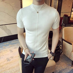 Hehope 7 Colors Summer Half High Collar Men T-shirt Korean Slim Fit Solid Color Short Sleeve Knitted Elasticity Tees Top 3XL-M