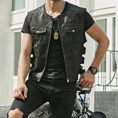 Hehope Streetwear Men's Clothing Fashion Zip-up Leather Short Vest Jackets Autumn Vintage Slim PU Coats Men Sleeveless Slim Outerwear