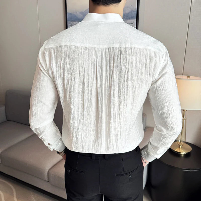 Hehope Men Linen Shirt, Chinese Standing Collar, 2024 Summer New Light and Thin Long Sleeved Shirt, Fashionable and Casual Men Clothing