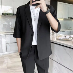 Hehope Summer Short Sleeved Blazer Men Fashion Social Mens Dress Jacket Korean Loose Casual Suit Jacket Mens Office Formal Blazer M-3XL