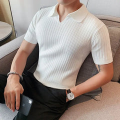 Hehope Korean Business Casual Summer New Ice Silk Men's Short Sleeved Polo Shirt Lapel Solid Jacquard Stripe Screw Thread Slim Thin Top