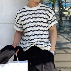 Hehope Streetwear Fashion Mens Knitting T Shirts Summer Short Sleeve O Neck Hollow Out Breathable Knit Tops For Men Stylish Striped Tee