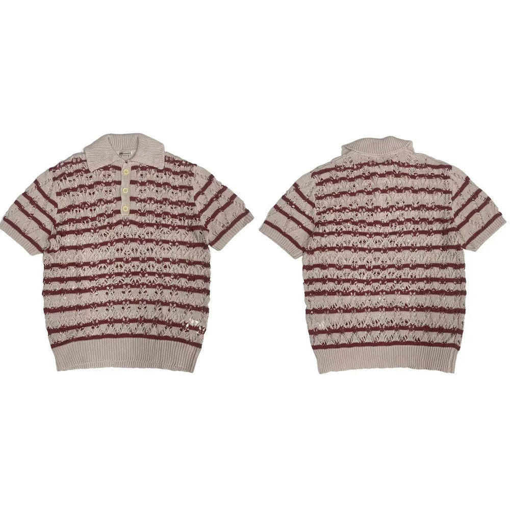 Hehope Mens Red And White Striped Contrast Knitted Sweater Retro Daily Casual Comfortable Soft Versatile Men'S Clothing 2024 Spring New