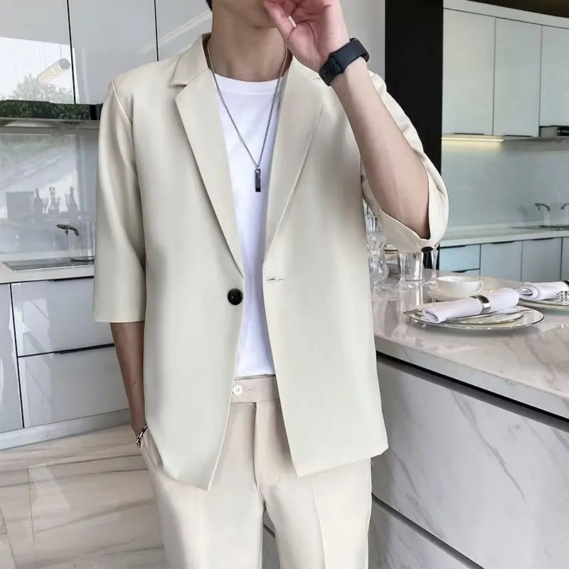 Hehope Summer Short Sleeved Blazer Men Fashion Social Mens Dress Jacket Korean Loose Casual Suit Jacket Mens Office Formal Blazer M-3XL