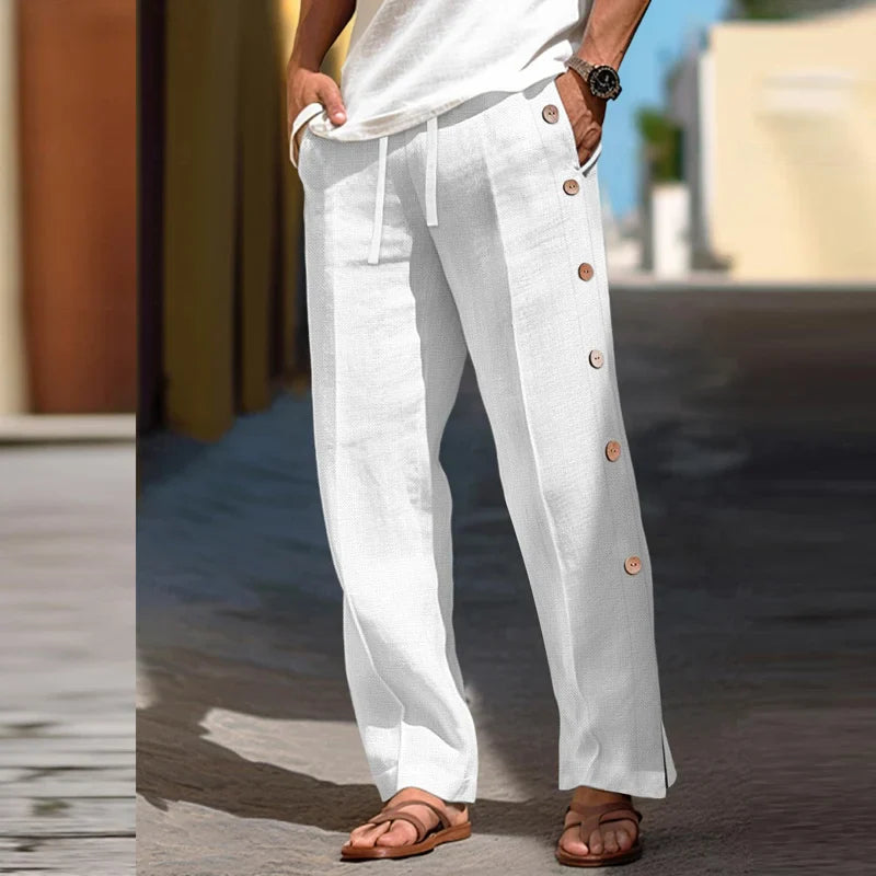 Hehope 2024 Summer Men's Casual Pants Beach Leisure Breathable Loose Solid Color Trousers For Men Fashion Side Buttoned Straight Pants