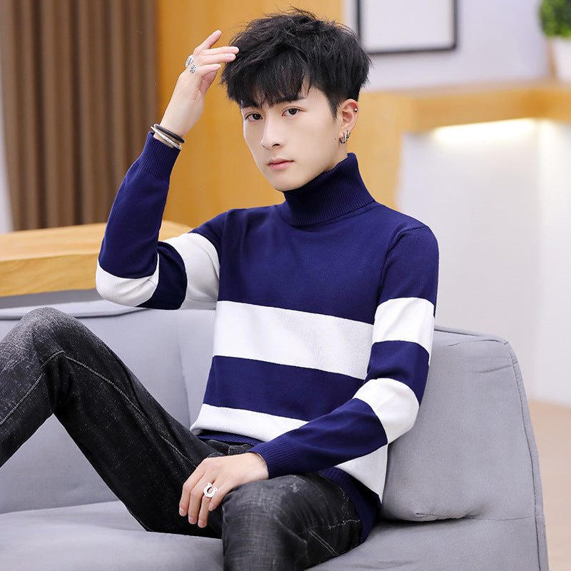 Hehope High Neck Striped Sweater Men