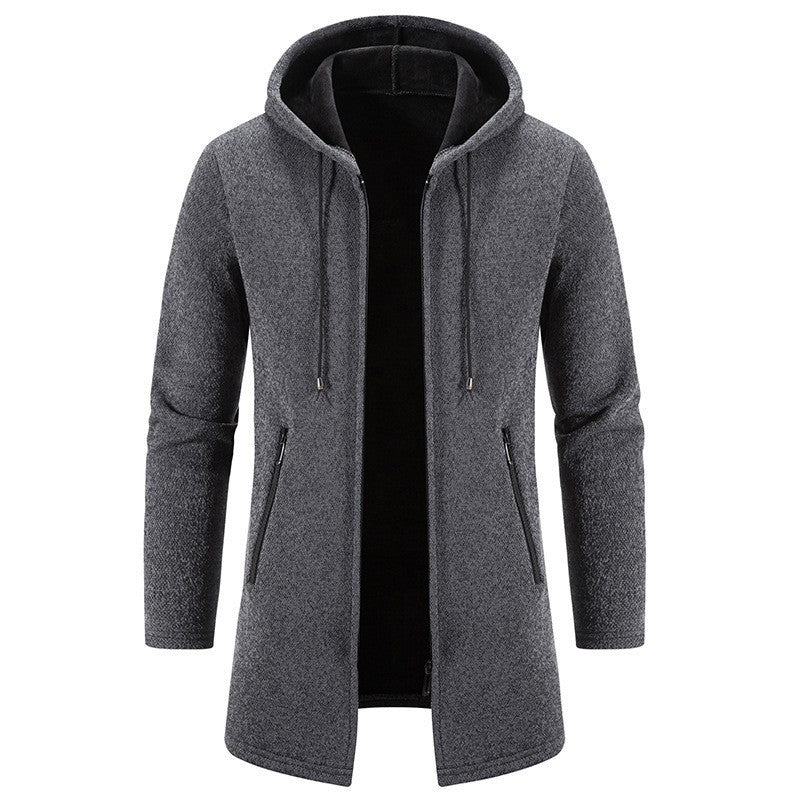 Hehope Autumn And Winter Fleece-lined Thickening Solid Color Men's Cardigan Mid-length Hooded Jacket