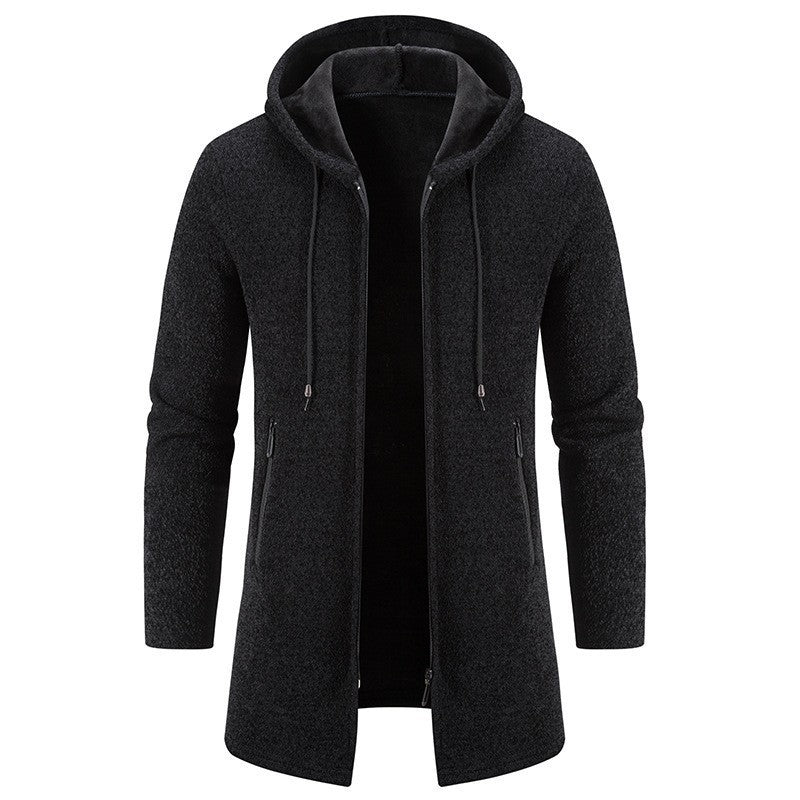 Hehope Autumn And Winter Fleece-lined Thickening Solid Color Men's Cardigan Mid-length Hooded Jacket