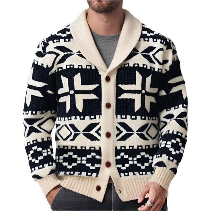 Hehope Men's European And American Retro Heavy-duty Jacquard Sweater