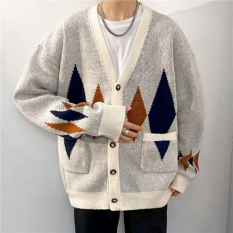 Hehope Retro Diamond Lattice Cardigan Sweater Lazy High-grade Men's Coat