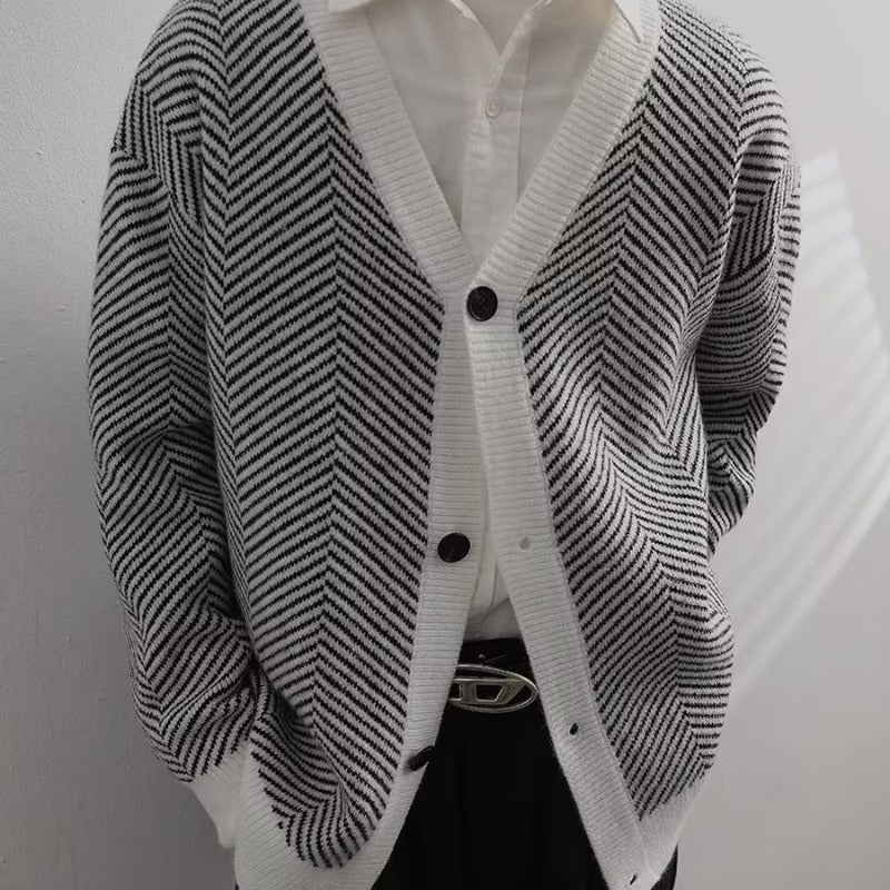 Hehope Vintage Knitted Cardigan Striped Loose sweater