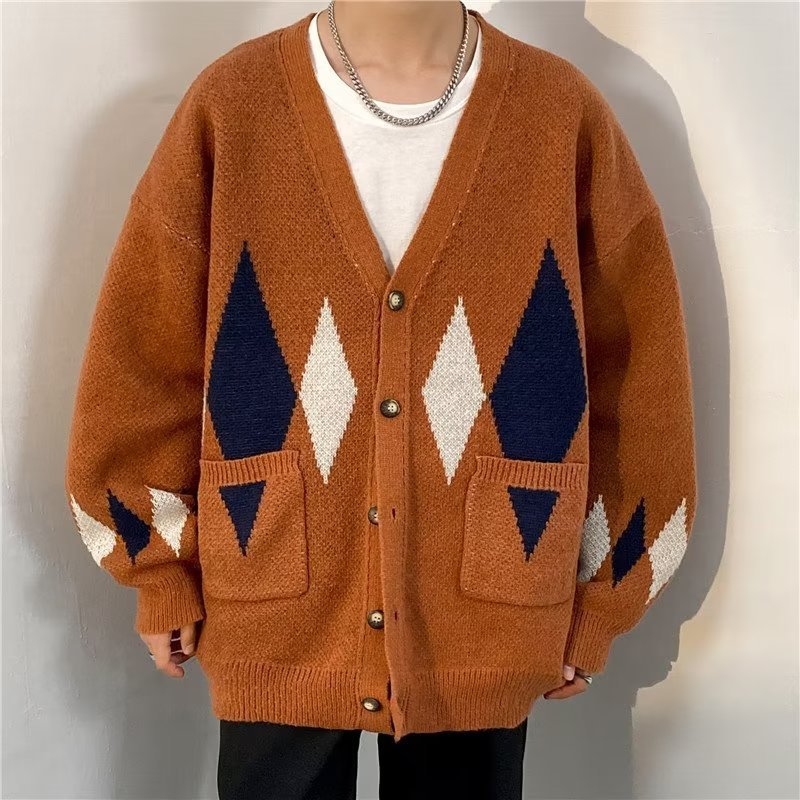 Hehope Retro Diamond Lattice Cardigan Sweater Lazy High-grade Men's Coat